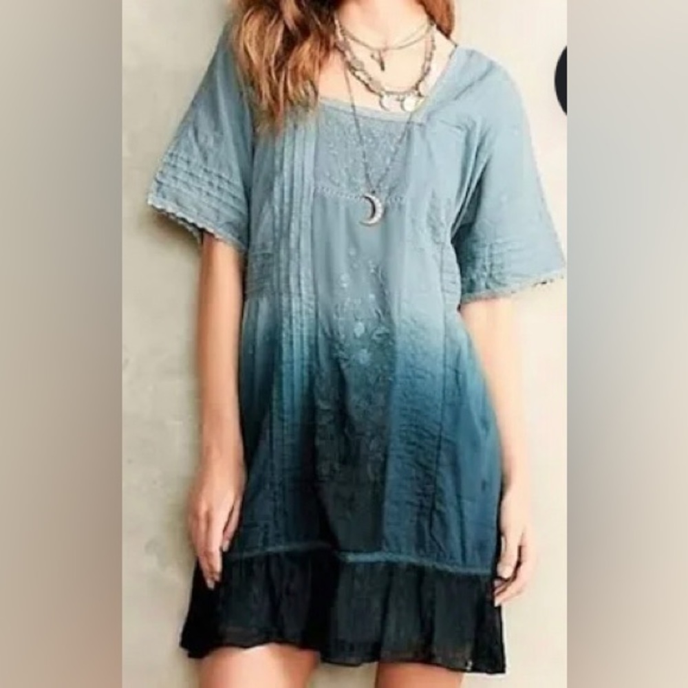 Anthro Holding Horses Ombré, blue dip dyed short dress. Sheer overlay with slip.